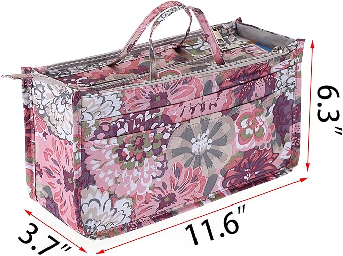 BTSKY Printing Handbag Organizers Inside Purse Insert - High Capacity 13 Pockets Bag Tote Organizer with Handle (Peony)