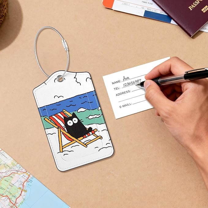 2 Pack PU Leather Luggage Tags for Suitcases, Privacy Protection Cover with Stainless Steel Loop and Address Card, Travel Cruise Essentials (Beach Cat)