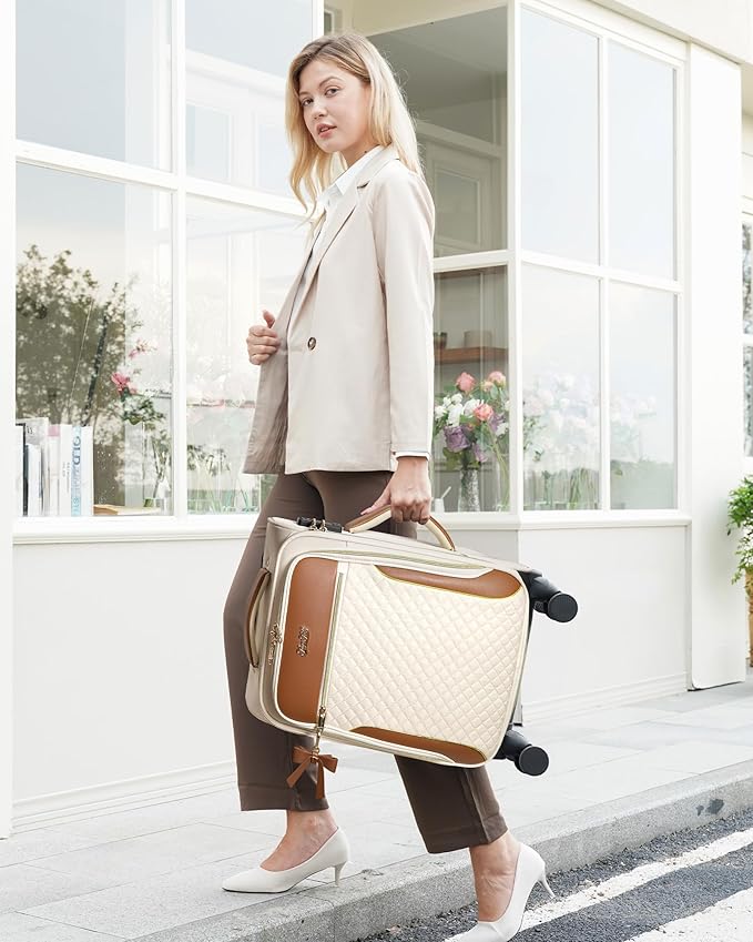 Carry On Luggage 22x14x9 Airline Approved, 20 Inch Softside Suitcase with 4 Pcs, Lightweight Luggage for Women with TSA Lock and 4 Spinner Wheels, Soft Side Carry-on Suitcases for Travel, Beige