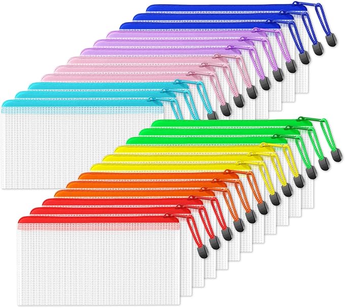 SUNEE Plastic Mesh Zipper Pouch 4.6x9.2 in (8 Colors, 24 Packs), Small Water-Resistant Zip Bag for School Office Supplies, Pencil Organizing Storage