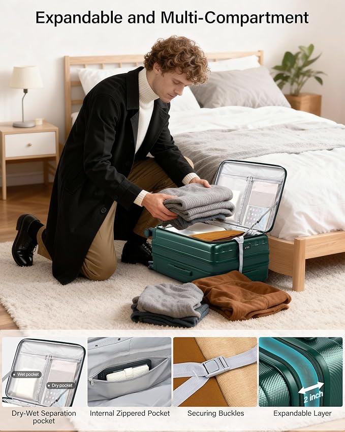 Hanke 24 Inch Expandable Luggage Top Opening Checked Bag Luggage Hard Shell Suitcases with Wheels Lightweight Travel Luggage Medium Suitcase with Lock for Woman Men-Blackish Green