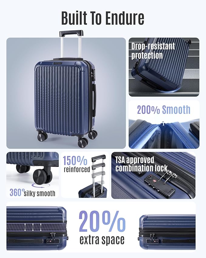 LIGHT FLIGHT Carry On Luggage 22x14x9 Airline Approved, Durable Hard Shell Carry On Suitcases with Wheels, Expandable Hardside Lightweight Travel Luggage with TSA Lock 20 Inch Carry on, Dark Blue