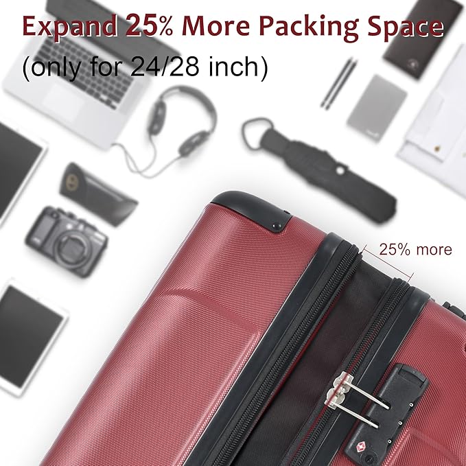 28 Inch Checked-Large Luggage, Lightweight ABS Hard Shell Suitcase with Spinner Wheels, Expandable Travel Luggage with Combination Lock & Side Hooks for Men Women (Red., 28)
