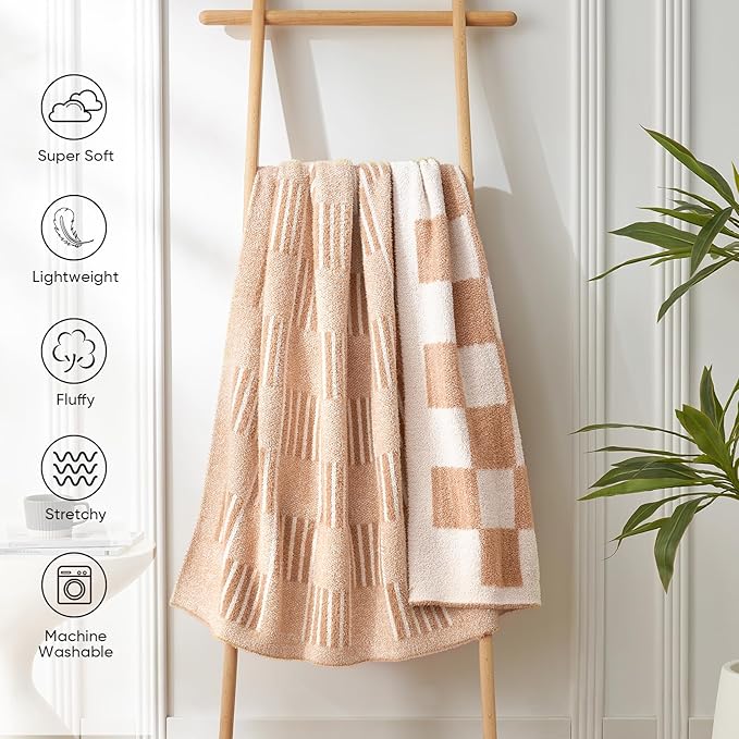 Snuggle Sac Checkered Throw Blanket Faux Fur Microfiber Blankets for Couch,Reversible Soft Cozy Warm Blanket for Sofa Bedroom,Cute Lightweight Striped Throws for Women,Heather Beige,60x80 inches