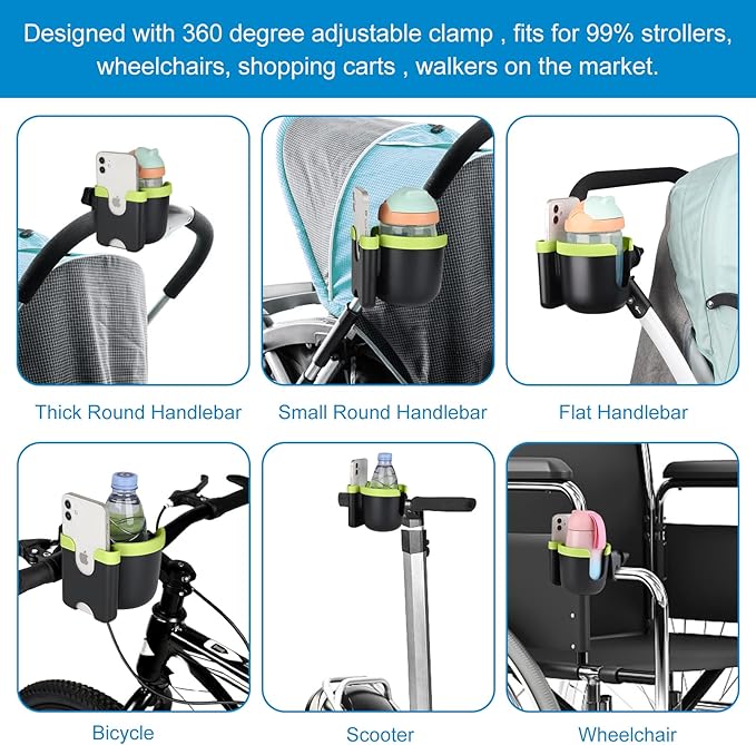 Accmor Stroller Cup Holder with Phone Holder, Bike Cup Holder, Universal Cup Holder for Uppababy Nuna Doona Strollers, 2-in-1 Cup Phone Holder for Stroller Bike Wheelchair Walker Accessory