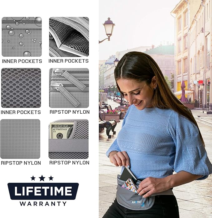 Money Belt For Travel – RFID Blocking Waist Pouch Passport Holder Wallet Belt – Waterproof Hidden Travel Fanny Pack For Men & Women – Secure, Lightweight, Adjustable Strap – Gray