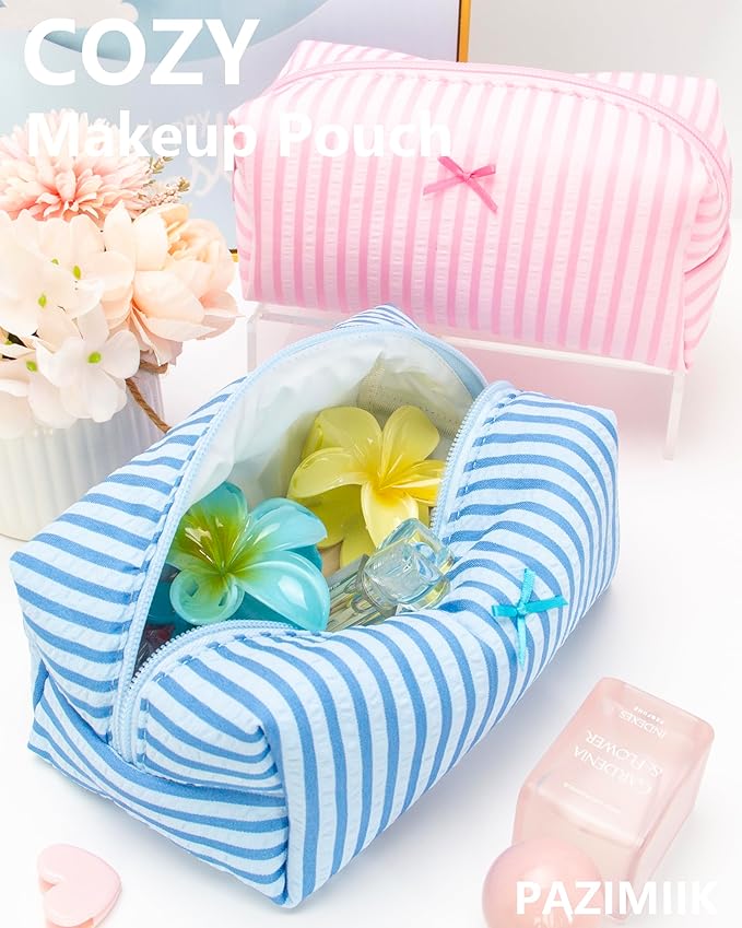 PAZIMIIK 2PCS Cozy Makeup Bag Small Aesthetic Travel Zipper Cosmetic Pouch for Women Make Up Beauty Accessories Brushes, Stripe Lake Blue