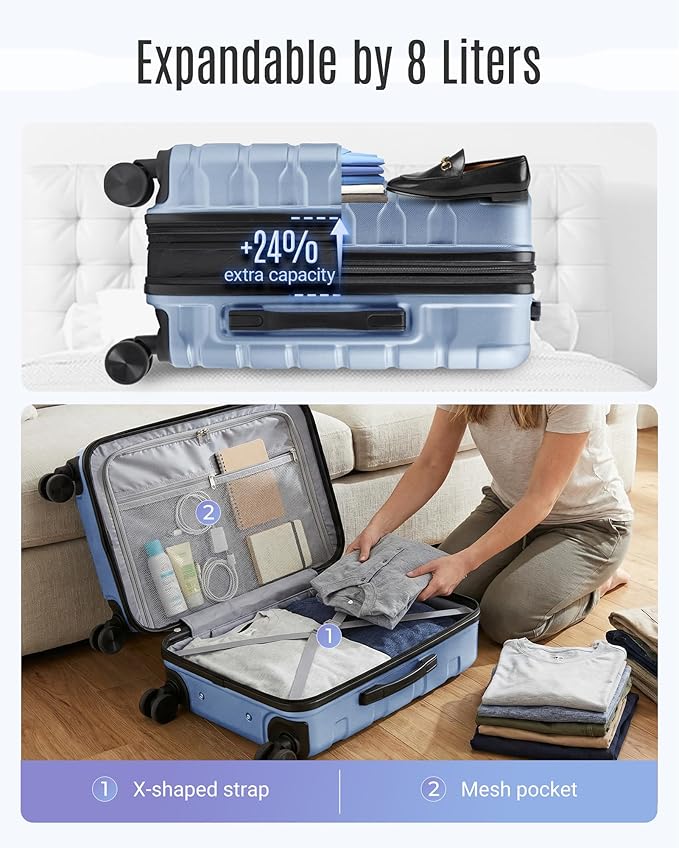 LIGHT FLIGHT Carry On Luggage 22x14x9 Airline Approved, Expandable Carry On Suitcases with Wheels, Lightweight Luggage, Durable Hard Shell 20 Inch Rolling Suit Case for Men Women Travel,Light Blue