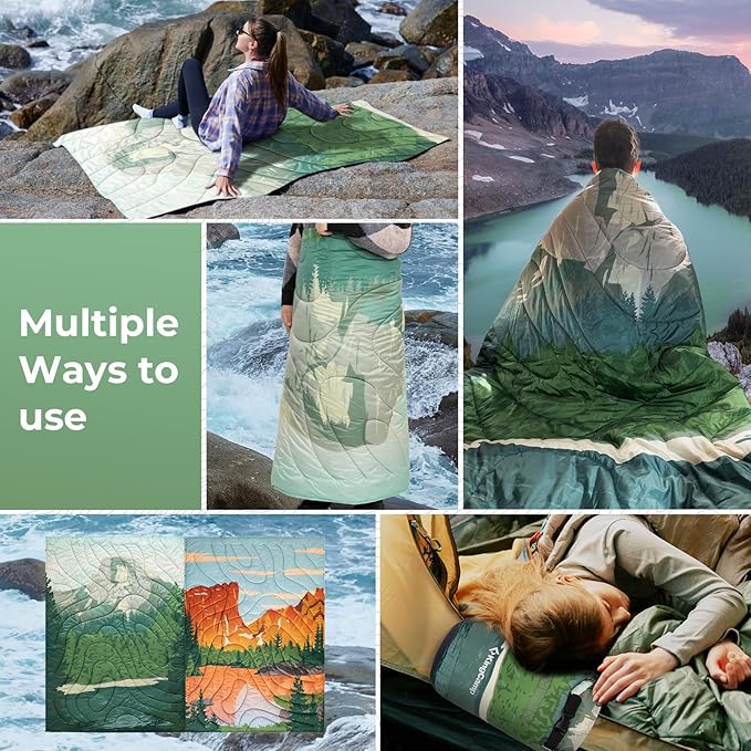 KingCamp Ultralight Camping Blanket, Packable Down Alternative Puffy Printed Wearable Blanket with Snap Buttons & Corner Loops Weatherproof Quilt for Outdoor Travel Stadium (78.7"L x 57.1"W, GREEN)