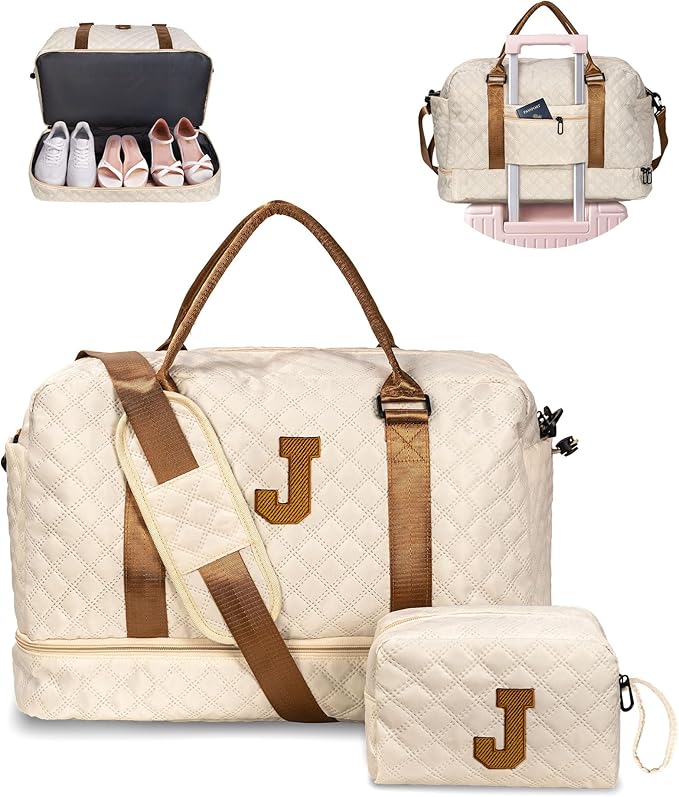 Duffle Bag with Shoe Compartment, Weekender Bags for Women, Monogram Overnight Bag for Women with Trolley Sleeve & Wet Pocket, Travel Bag with Makeup Bag-Birthday Gifts for Girls (Letter J)