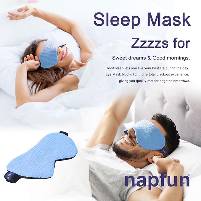napfun Neck Pillow for Travel with Travel Pouch, Sleep Mask & Earplugs, Memory Foam Airplane Pillow for Headrest Sleep with Eyeshades, Plane Essentials with Eye Blindfold, Sky Blue Striped Kit