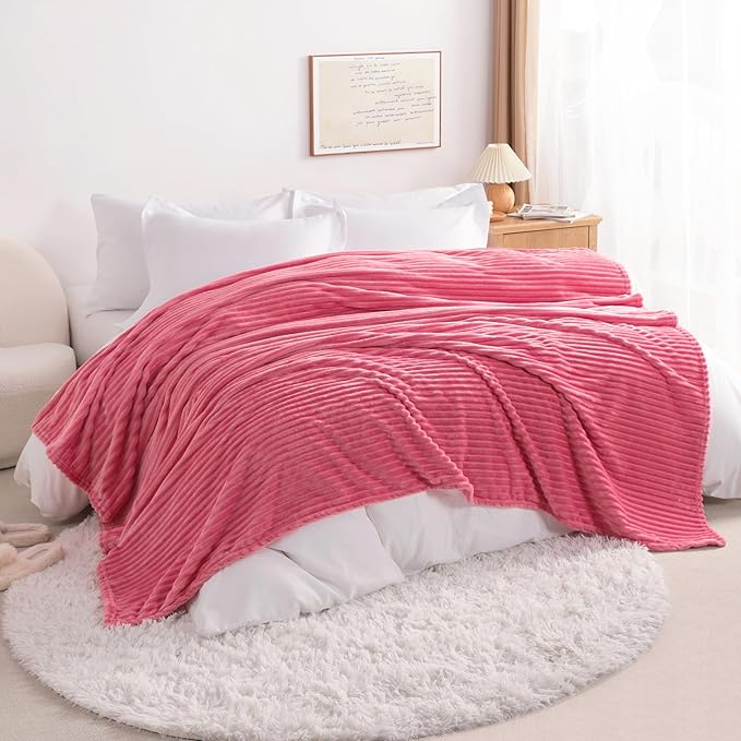 NTBAY Plush Flannel Twin Bed Blanket, 60X80 Inches Soft and Warm Lightweight Blanket with Striped Texture Bed Blanket for Couch Sofa Bed All Seasons, 60"x80", Coral Pink