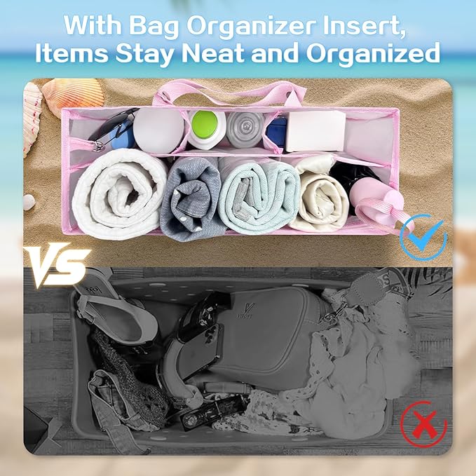 XYFuuee Beach Bag Organizer Inserts for Large Simple Modern Bag Accessories, with 8 Removable Metal Fasteners, Lightweight Mesh Insert Divider Pouch, Organizing Rubber Tote, Save Space, Pink