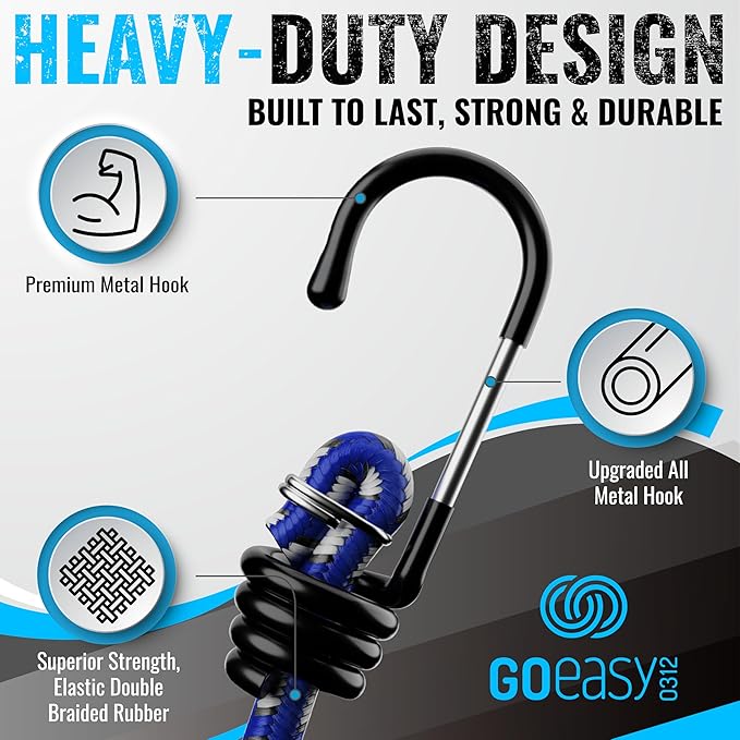 GOEASY0312 Premium Bungee Cords Heavy Duty - 20 pcs Bungee Cords with Hooks in A Storage Jar Includes 10", 18", 24", 30", 36", 48" Bungie Cord Bundle