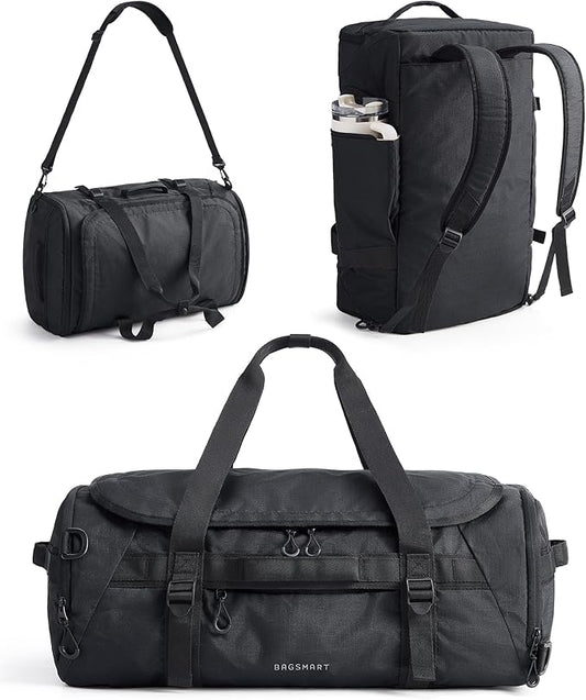 BAGSMART 4-IN-1 Duffle Bag for Travel, 40L Travel Bag Gym Duffle, TSA Carry on Backpack with Shoes Compartment & Wet Pocket, Water-resistant Workout Duffel, Black
