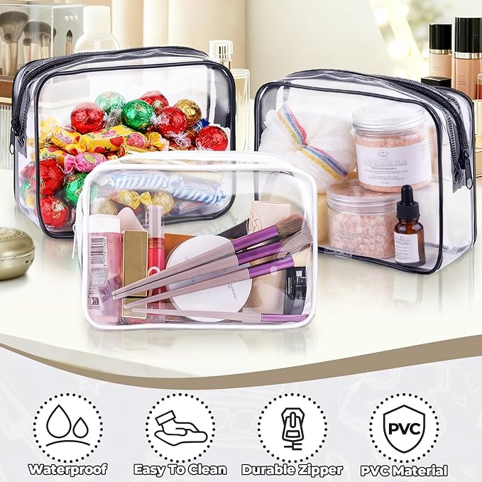 6 Pieces Clear Makeup Bags Bulk TSA Approved Toiletry Bag for Travel PVC Waterproof Clear Cosmetic Pouch with Zipper for Men and Women Carry-on Travel Essentials (White)