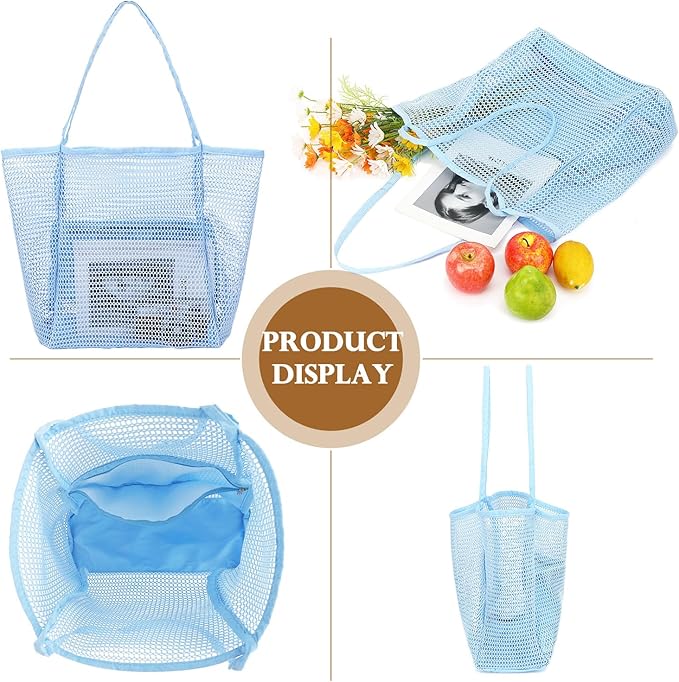 Fammart Mesh Beach Bag, Large Beach Tote with Zipper Pocket, Toys Pool Bag for Family Travel Vacation Cruise Essentials