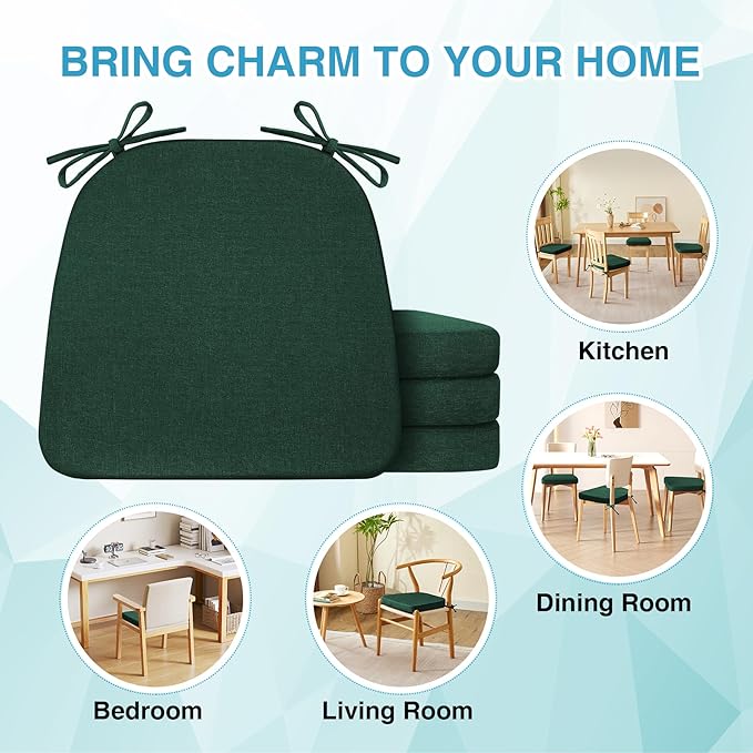 Chair Cushions for Dining Chairs Set of 6, Non Slip Kitchen Chair Pads, 17" x 16" x 2", Indoor Dining Chair Cushions with Ties, D-Shaped Seat Cushions for Kitchen Chairs, Dark Green