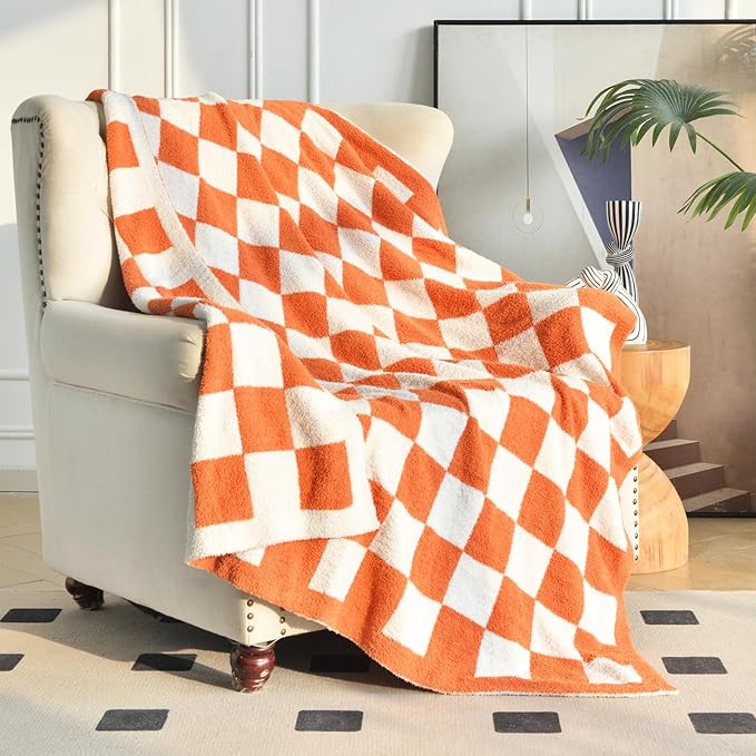 Checkered Blanket, Cozy Soft Throw Blankets for Couch Bed, Fluffy Plaid Lightweight Comfy Travel Picnic Blanket Gifts for Sofa Chair Living Room Camping (Orange, Twin 60"x80")