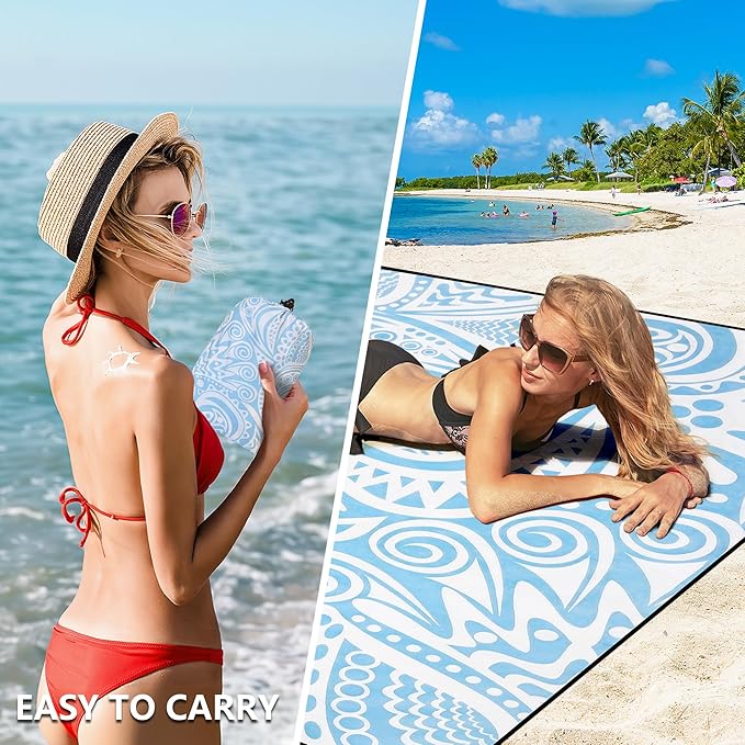Beach Blanket Waterproof Sandproof Beach Mat 79”x 83” for 1-8 Adults Quick Drying Durable Outdoor Picnic Mat for Beach Festival Travel Camping Hiking (Flower Ripple-BL, 79"×83"(4 Person))