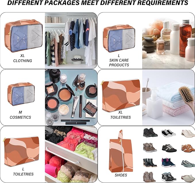 7 Set Packing Cubes Travel Luggage Organizers for Suitcase Travel Accessories with Shoe Bag for Girls Women Aesthetic Art Cute Wave Wavy Leaves-Red Brown
