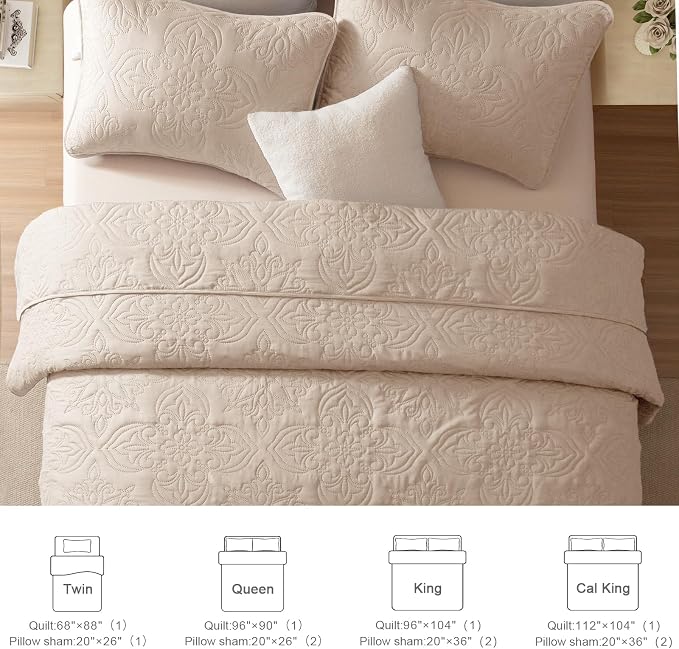 Whale Flotilla Twin Quilt Bedding Set Vintage Damask Reversible Bedspread | Suitable for Bed, 2 Pieces Brich Beige Lightweight Breathable Quilts Twin Size, Ultrasonic Coverlet with 1 Pillow Sham