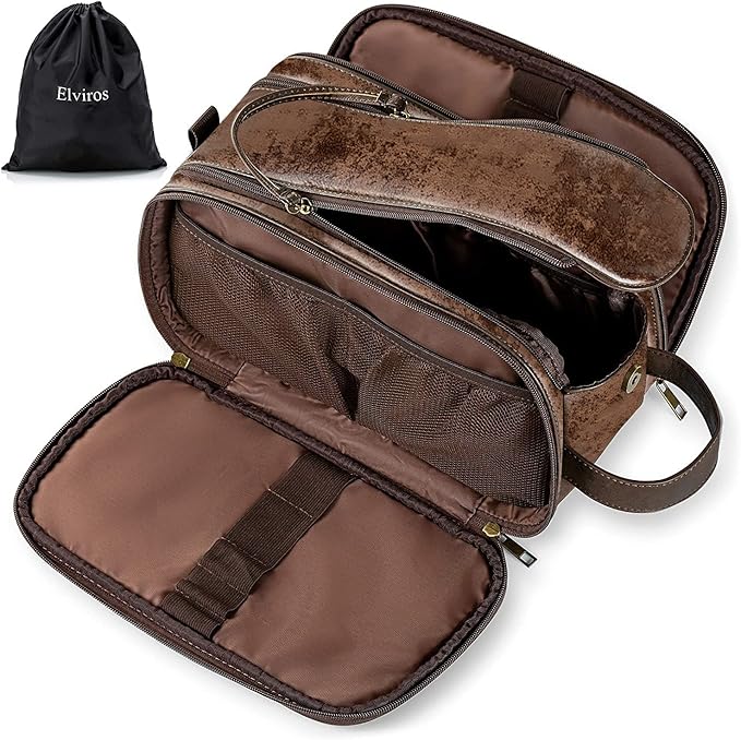 Elviros Toiletry Bag for Men, Large Travel Shaving Dopp Kit Water-resistant Bathroom Toiletries Organizer PU Leather Cosmetic Bags Fathers Day Gift (Medium, Chocolate)