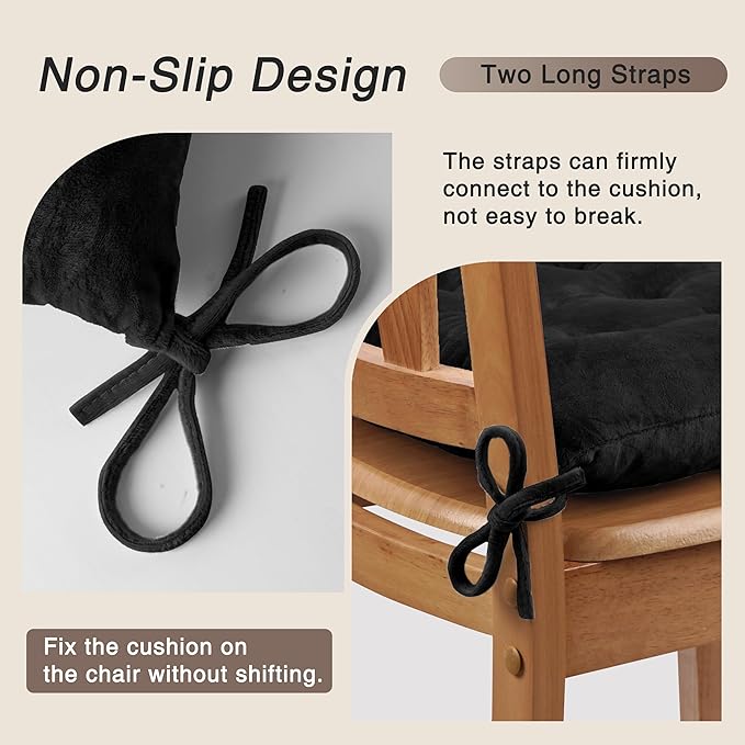 OVOV 6 Pack Chair Cushions for Dining Chairs Soft Seat Cushions for Kitchen Desk Chairs Square Chair Pads with Ties (15.5"x15.5" Black)