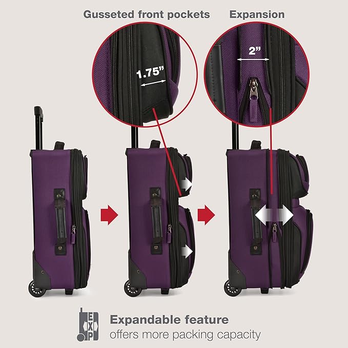 U.S. Traveler Rio Lightweight Softside Rolling Carry-on Suitcase, 2-Wheel Set, Purple
