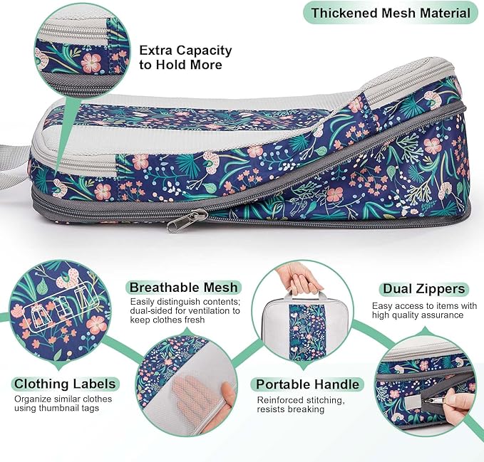 6 Set Compression Packing Cubes for Travel Essentials,Compressible Expandable Packing Cubes for Suitcase,OlarHike Luggage Organizer Bags for Travel(Dark Blue Floral)