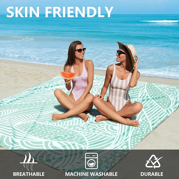 Beach Blanket Sandproof Extra Large Beach Mat Adults Waterproof Quick Drying Sand Free Mat with 4 Stakes & 4 Corner Pockets for Outdoor Travel Camping Hiking Cyan 79" X 83"