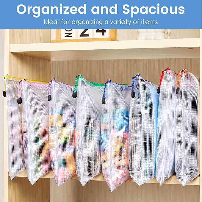 Sooez 36 Pack Mesh Zipper Pouch with Sticky Labels, A4 Mesh Bags, Toy Storage Board Game Puzzles Organization, Sturdy Letter Size File Folders Organizer for Teacher School Classroom Office Supplies