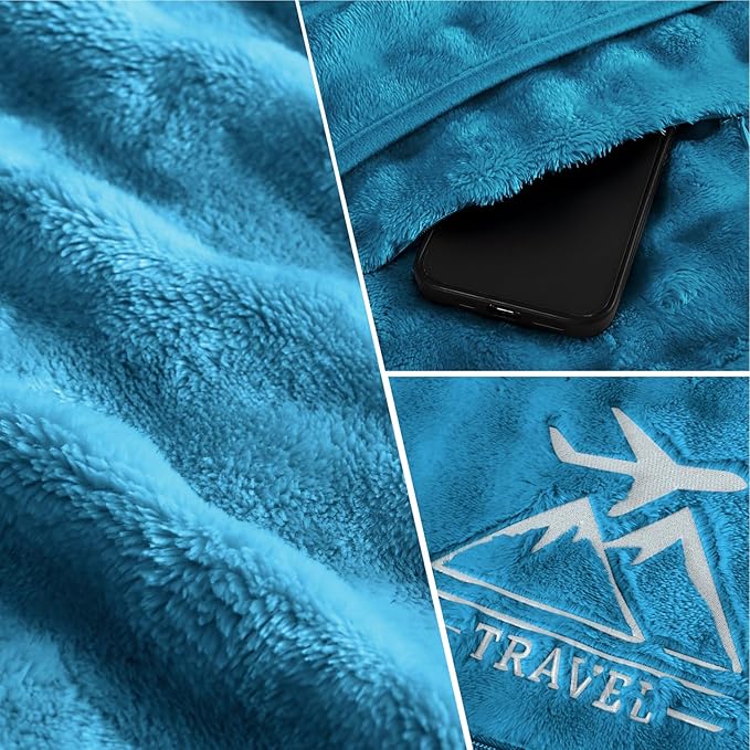 Travel Blanket and Pillow-2-in-1, Ultra-Soft&Compact, Airplane Blanket with Hand Luggage Belt and Backpack Clip,Travelers Accessories Gifts, 61x43 Inches（Green）