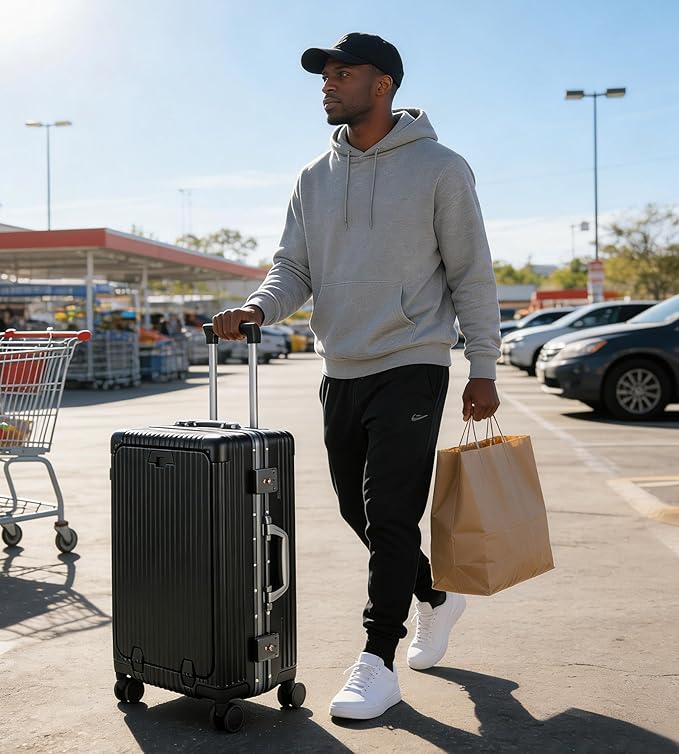feilario Aluminium Frame PC Hard Shell Spinner Wheels Luggage,22.5"X15"X9.5" Airline Approved Built-In TSA lock Carry on Suitcase, with Cup Holder, USB Port, Phone Holder