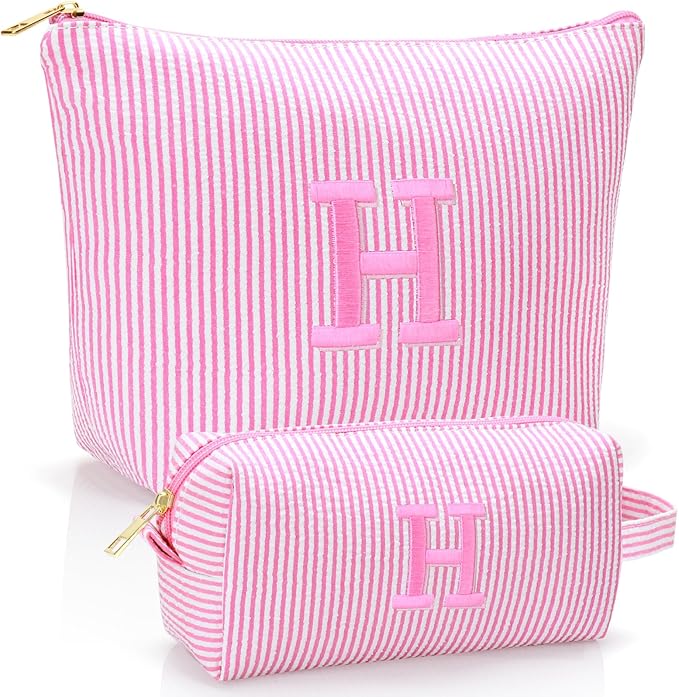 Personalized Initial Makeup Bag,Toiletry Travel Cosmetic Bag,Trendy Stuff for Teen Girls and Women,Holiday & Birthday Gift,2 Pack (H, Pink)