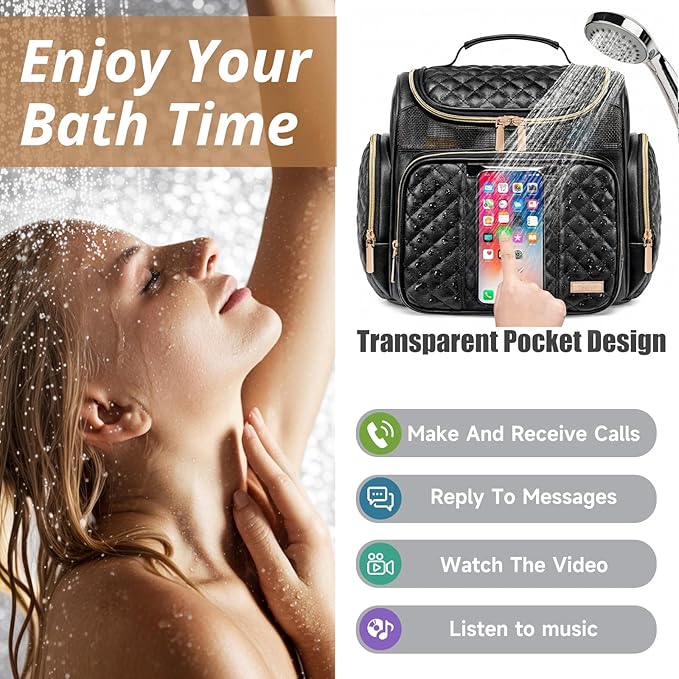 Large Leather Toiletry Bag for Women Men,Bathroom Bag,Water Resistant Shower Bag,Makeup Bag,Portable Shower Caddy for College Dorm,Hanging Travel Toiletry Bag with Transparent Waterproof Phone Pocket