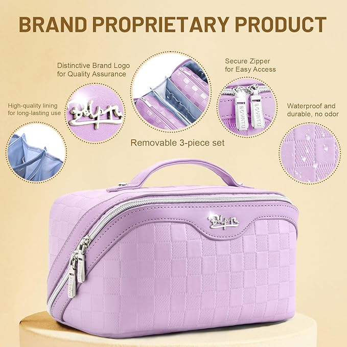 BOYATU Travel Makeup Bag Organizer: 3 Pcs Set Large Capacity Cosmetic Bags Holds 10–20 100ml Full-Size Bottles - 180°Open-Flat Make up Case 3-sec touch-up - Toiletry Bag Gift women (01-F-Purple)