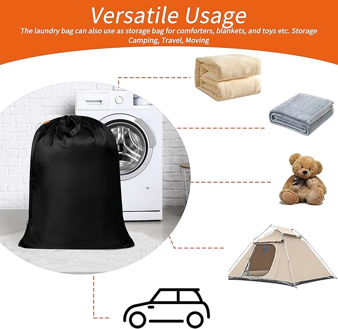 Polecasa Heavy Duty Large Laundry Bag with 130gsm Tear Resistant Fabric and Handles, Easy to Carry Durable Dirty Clothes Drawstring Bag, Perfect for College Dorm, Travel, 2 Pack 28”x36”, Black
