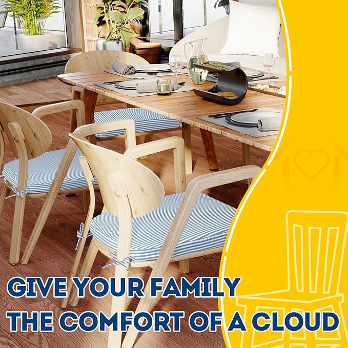 AAAAAcessories D-Shaped Chair Cushions, 2" Thick Dining Chair Pads with Ties and Removable, Machine-Washable Cover, 17" x 16", Set of 6, Pinstripe Blue