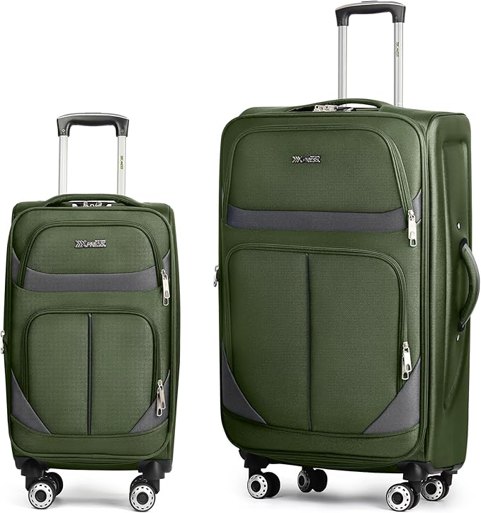 2-Piece Set Front Opening,Softside Luggage Sets w/Double Spinner Wheels Expandable Luggage,Lightweight Travel Luggage Rolling Suitcase w/LOCK（Green-Grey,20in/28in）
