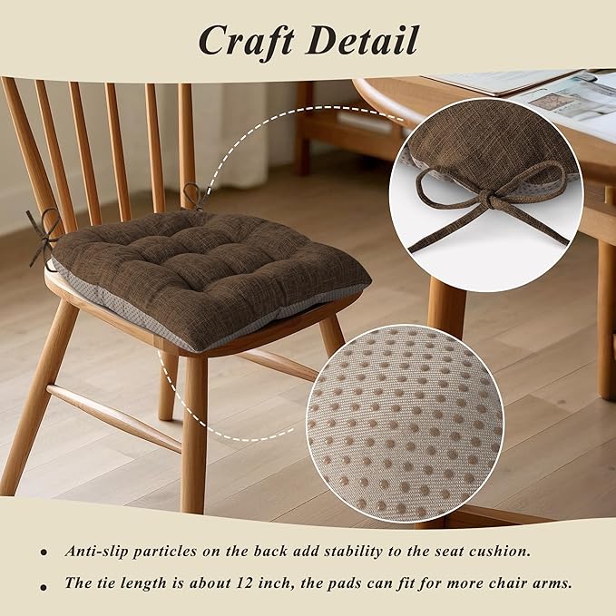 Chair Cushions for Dining Chairs Set of 4 Durable D-Shaped Seat Cushions with Non-Slip Backing Secure Ties Thick Cozy Seat Pad for Kitchen Dining Room Office(18x16.5x3in Coffee)