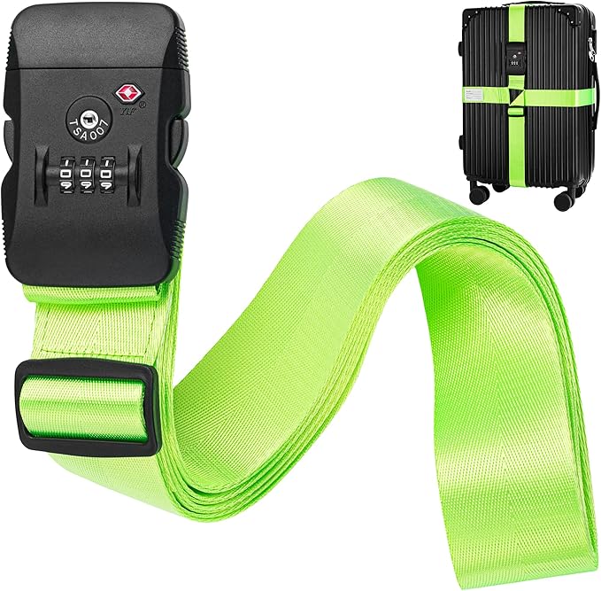 BlueCosto - Luggage Strap with TSA Lock - 7 to 13 ft Adjustable, Neon Green - TSA Approved Suitcase Security Belt with 3 Digit Combination Locking - 2" Wide Heavy Duty Baggage Strap for Secure Travel