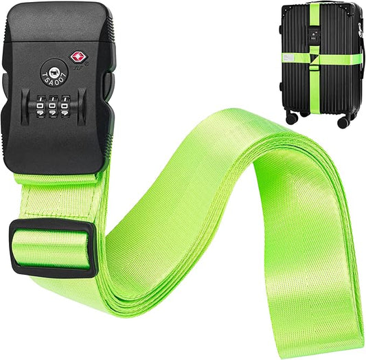 BlueCosto - Luggage Strap with TSA Lock - 7 to 13 ft Adjustable, Neon Green - TSA Approved Suitcase Security Belt with 3 Digit Combination Locking - 2" Wide Heavy Duty Baggage Strap for Secure Travel