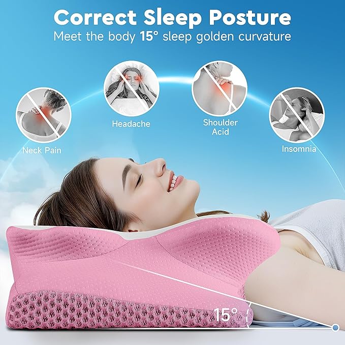 Cervical Neck Pillow, Memory Foam Neck Support Pillows for Sleeping, Shoulder Pillow for Side Sleepers, Back Stomach Sleepers, CertiPUR-US Certified, Standard Size, Pink