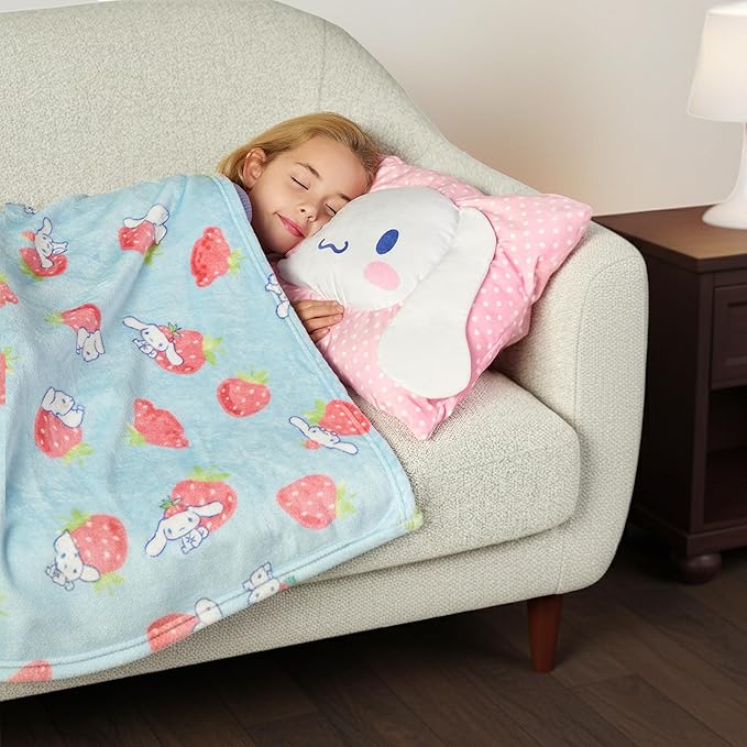 Northwest Cinnamoroll Strawberry Delight Silk Touch Throw Blanket 50 x 60 Inches with Plush Pocket Pillow 14 x 20 Inches - Comfy & Cozy Blanket & Pillow Set for Boys and Girls