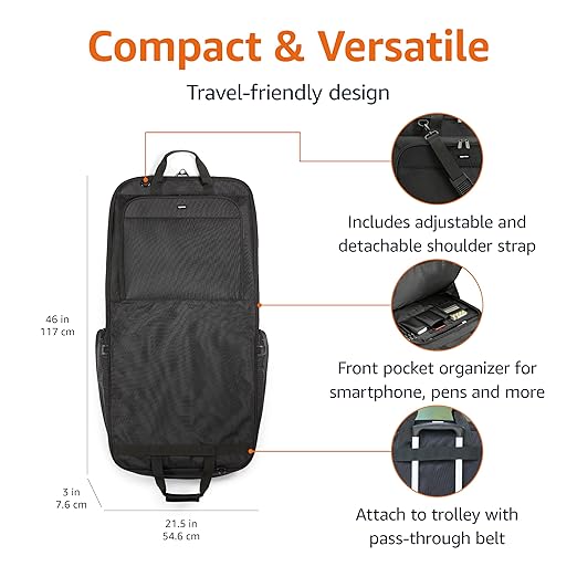 Amazon Basics 46" Premium Garment Bag for Travel, Suit Bag with Shoulder Strap for Suits and Dresses, 1680D Polyester Fabric, Exterior/Interior Pockets, Leather-reinforced Corners, Trifold, Black