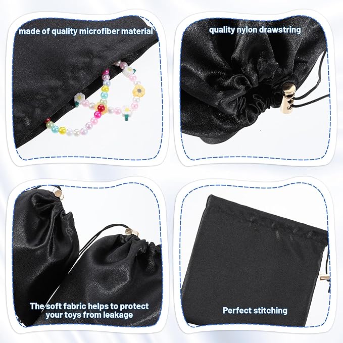 Toy Storage Bags, 6 Pcs Quality Satin Silk Drawstring Pouch Adjustable Microfiber Toy Organizer Bags Gift Bag Foldable Ditty Bag for Women Men Toys Underwear Sunglasses Cosmetic, 3 Sizes (Black)
