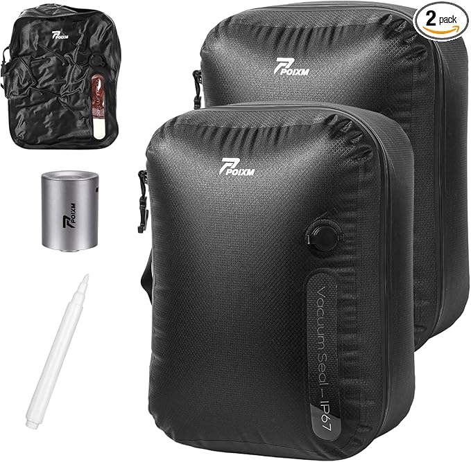 Vacuum Bags for Travel with Wireless Pump, 180° Open Zipper, IP67 Waterproof, Reusable Space Saver Compression Bags for Backpack, Suitcase, Home Storage(2 Pack + Pump)