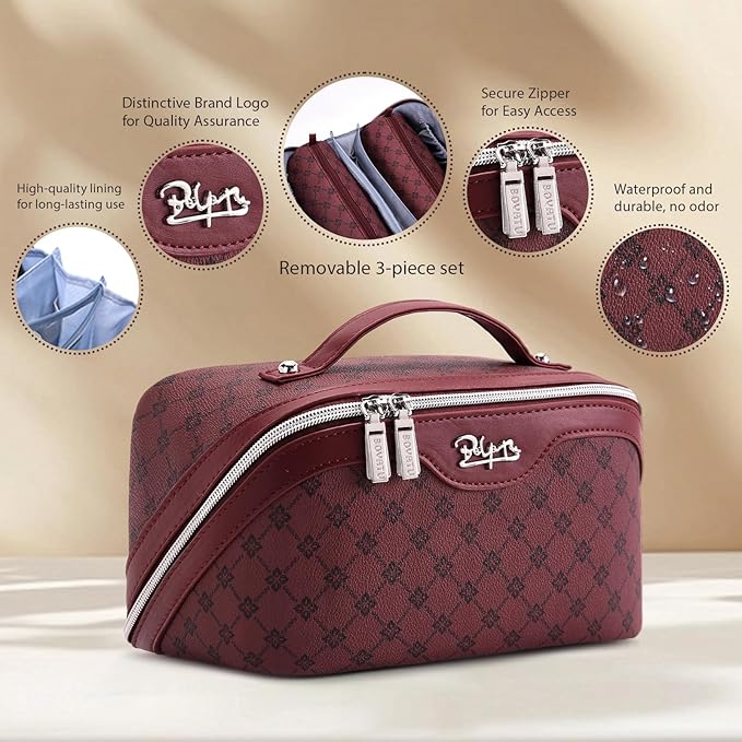 BOYATU Travel Makeup Bag Cosmetic Bags for Women: 3 Pcs Set Large Capacity Make up Bag with Handle - Vegan Leather Toiletry Bags with Compartments - Makeup Organizer for Travel Essentials(A-10-Red)