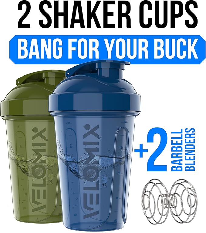 VELOMIX -2 Pack- 20 oz Protein Shaker Bottles for Protein Mixes - 2x Wire Whisk | Leak Proof Shaker Cups for Protein Shakes and Pre Workout | Protein Shaker Bottle Pack (Green/Blue)
